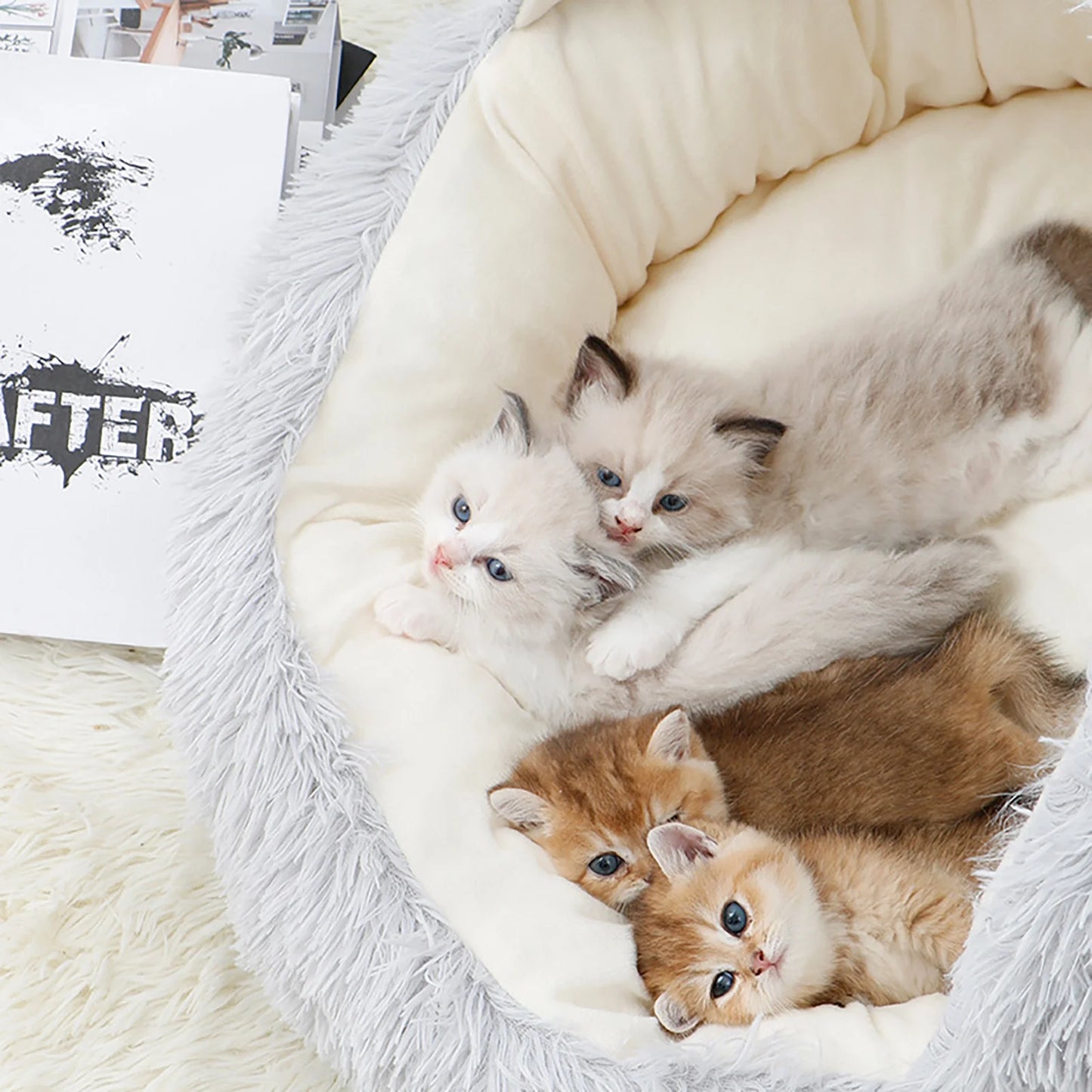 Calming Pet Bed with Hood – Fluffy Faux Fur Cave for Small Dogs & Cats, Washable, Anti-Slip (Fits up to 11 lbs)