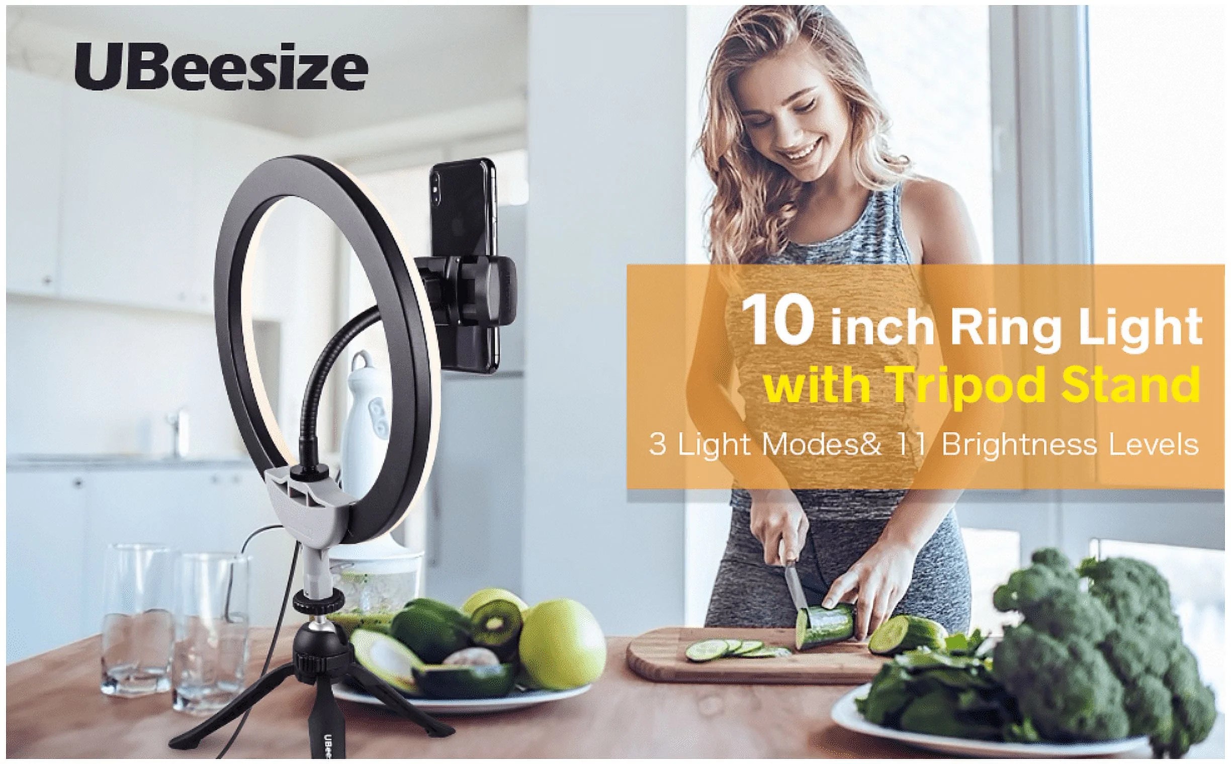 10'' LED Selfie Ring Light – Tripod Stand & Phone Holder, 3 Modes, 11 Brightness Levels