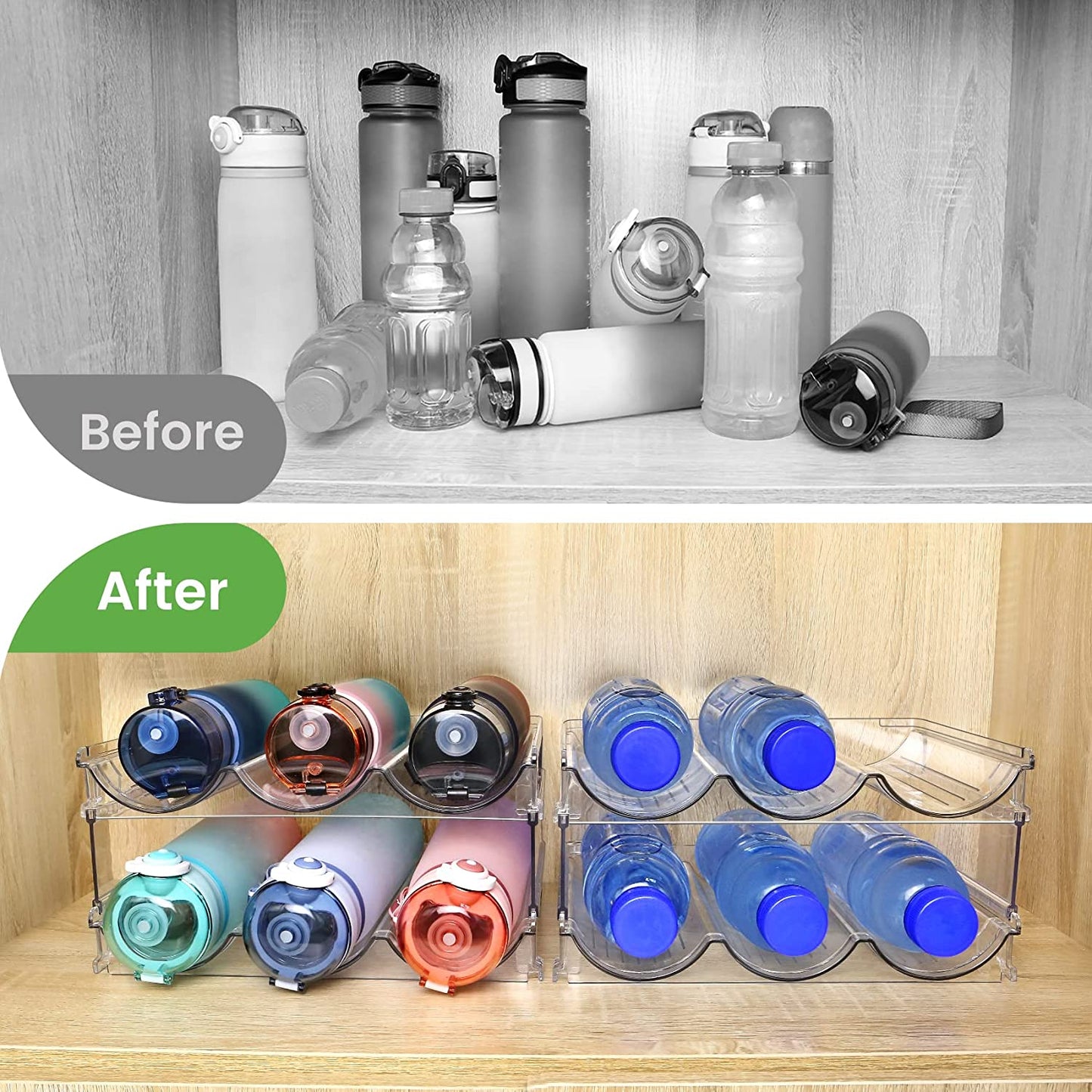 Water Bottle Organizer Rack – 2-Pack Stackable Storage for Cabinet or Countertop