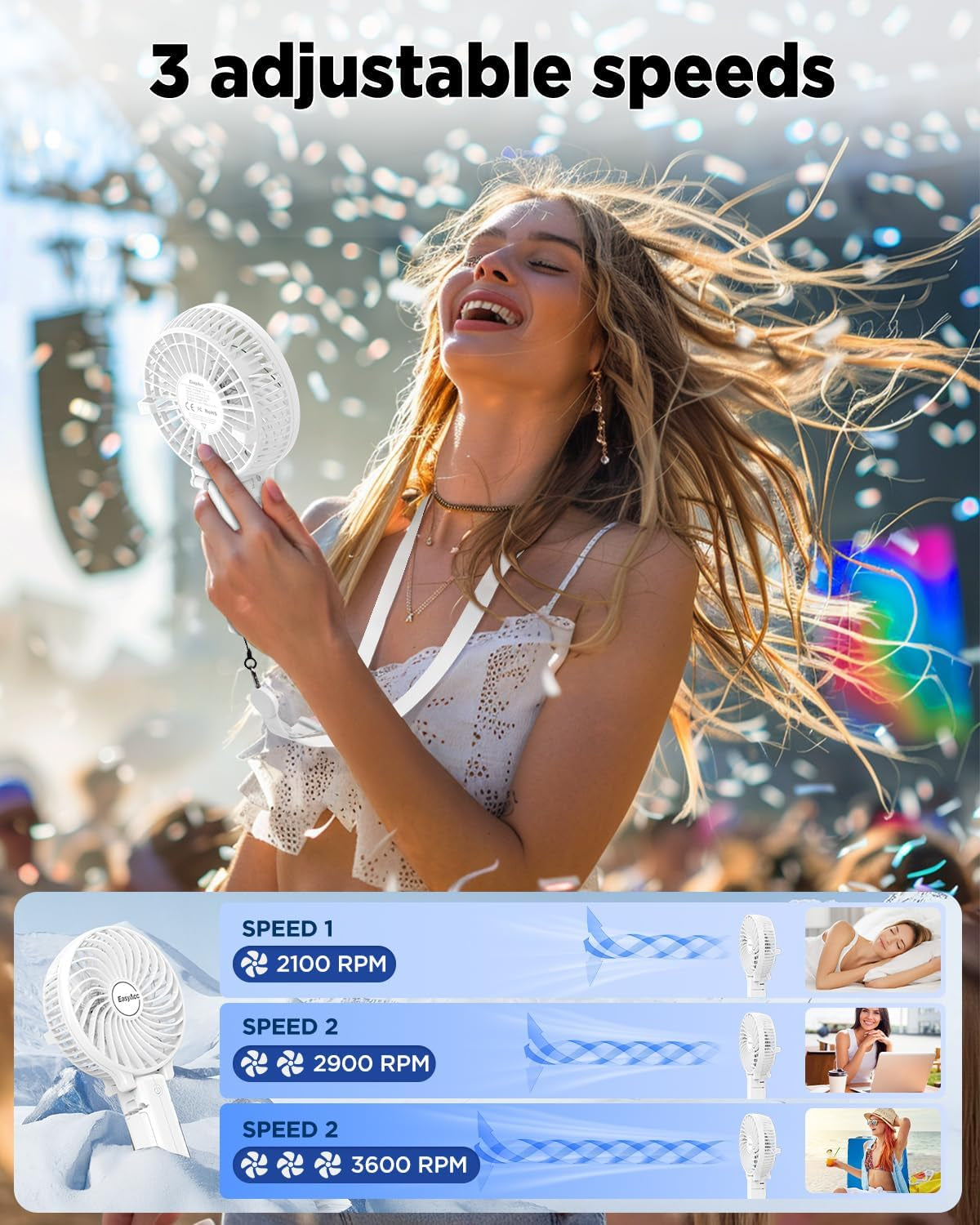 Rechargeable Handheld Fan – Foldable, with Straps & Stickers, 10H Battery Life (White)