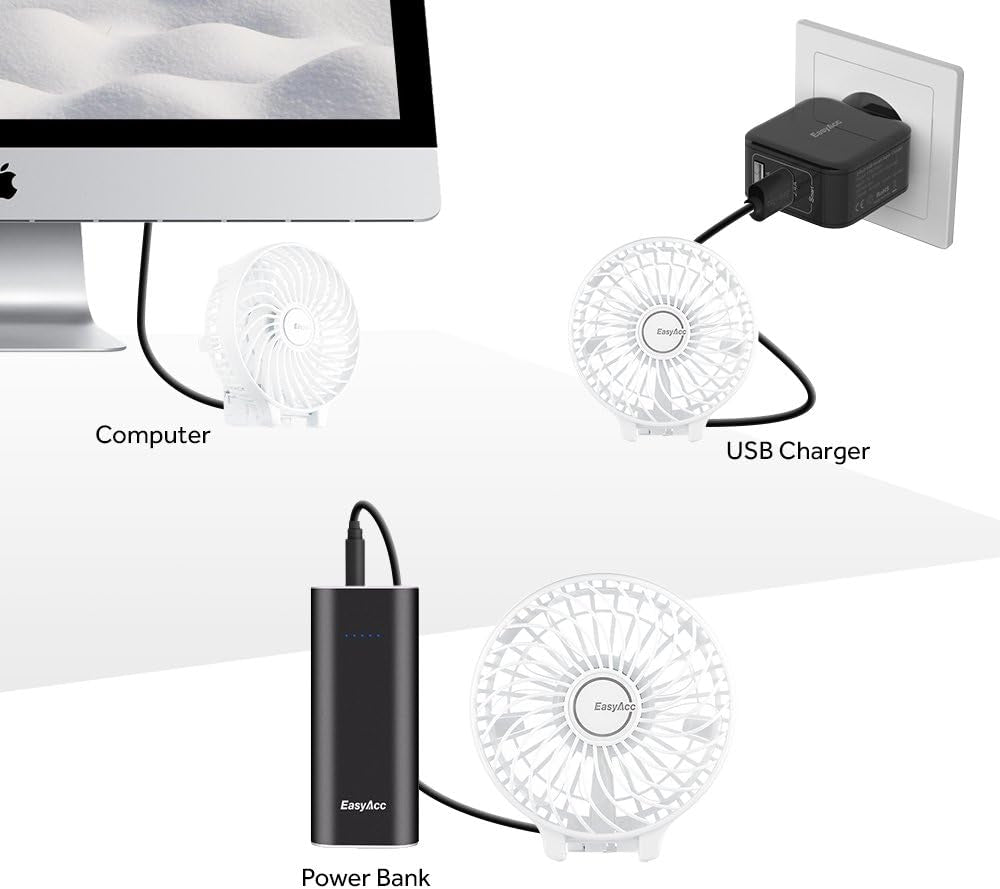 Rechargeable Handheld Fan – Foldable, with Straps & Stickers, 10H Battery Life (White)