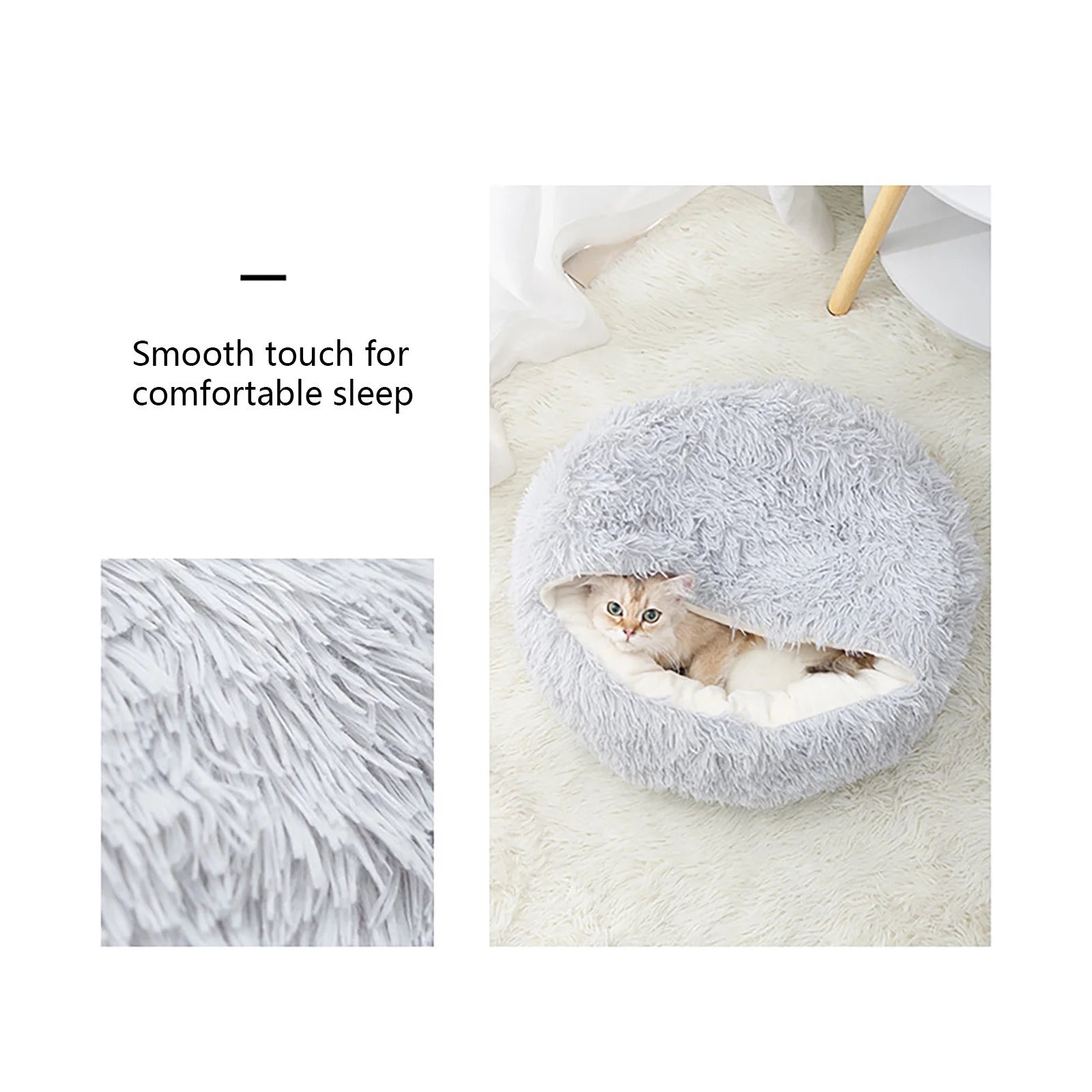 Calming Pet Bed with Hood – Fluffy Faux Fur Cave for Small Dogs & Cats, Washable, Anti-Slip (Fits up to 11 lbs)