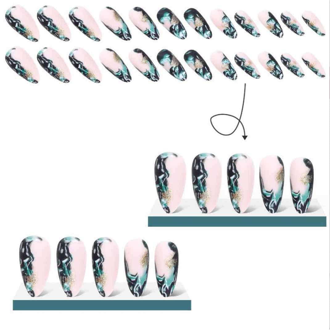 Almond Press-On Nails – Nude & Black Glossy, Medium Length, Full Cover (24 Pcs)