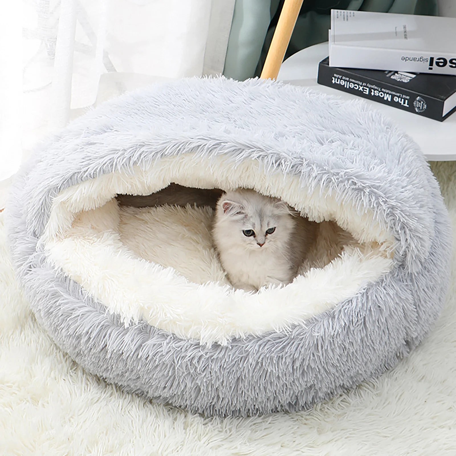 Calming Pet Bed with Hood – Fluffy Faux Fur Cave for Small Dogs & Cats, Washable, Anti-Slip (Fits up to 11 lbs)