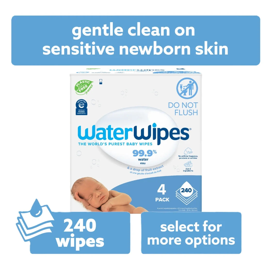 Original 99.9% Water Based Baby Wipes, Unscented, 4 Resealable Packs (240 Wipes)