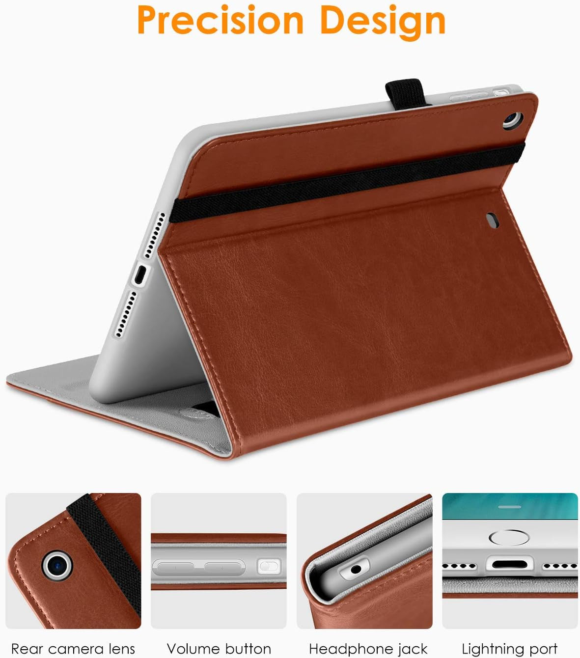 iPad Mini 1/2/3 Case – Leather Folio Cover with Stand, Auto Wake/Sleep & Pocket (Brown)