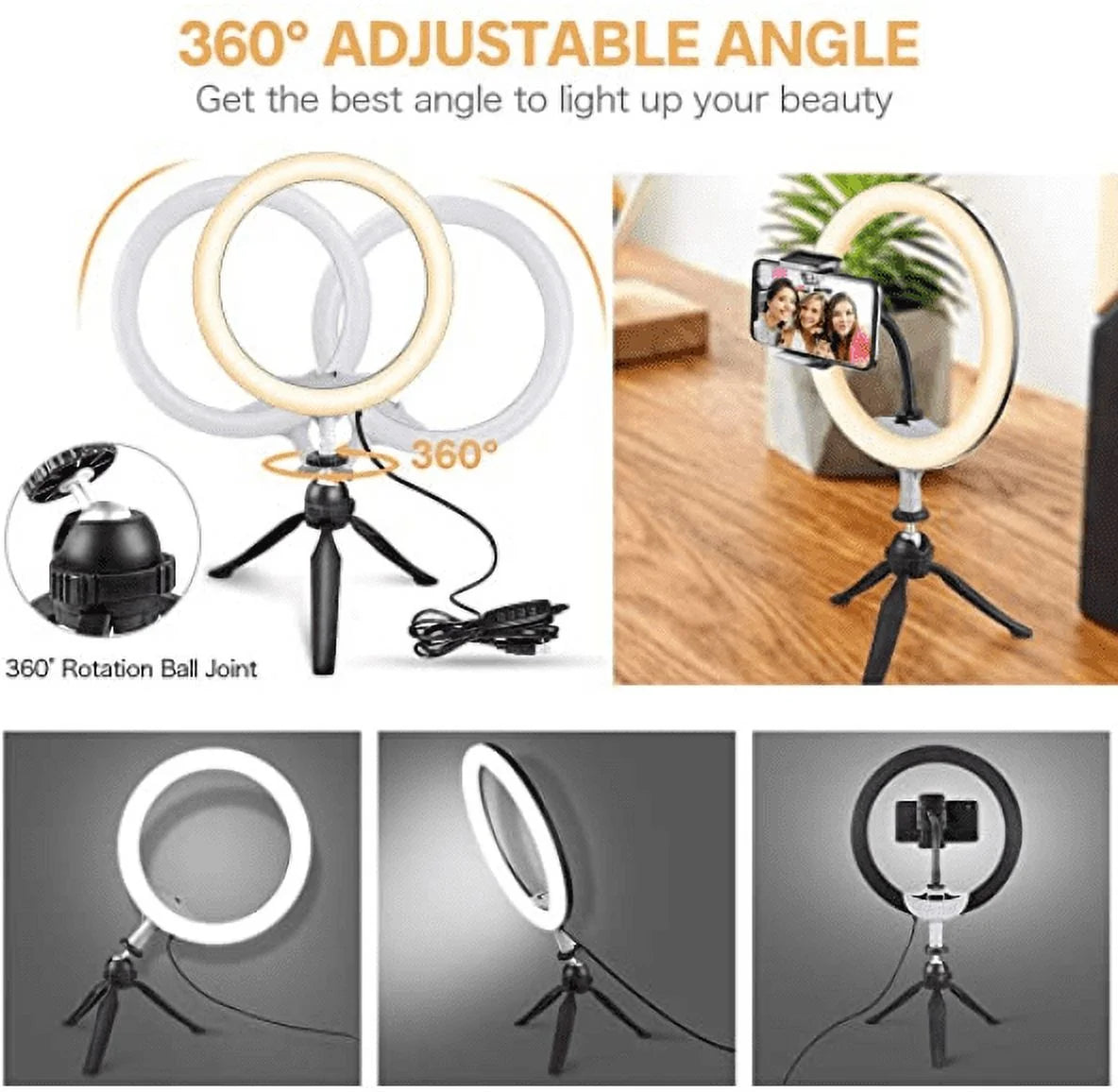 10'' LED Selfie Ring Light – Tripod Stand & Phone Holder, 3 Modes, 11 Brightness Levels