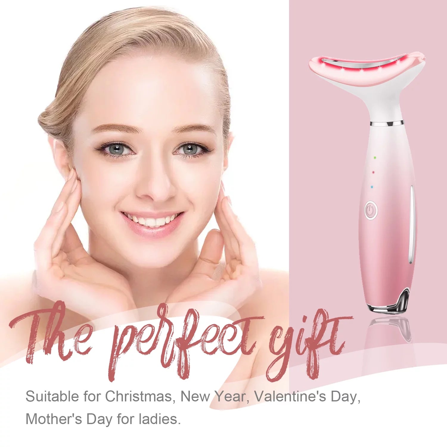 Skin Rejuvenation Beauty Device for Face & Neck – Triple Action LED, Heat & Vibration Technology for Lifting and Tightening Sagging Skin (Pink)