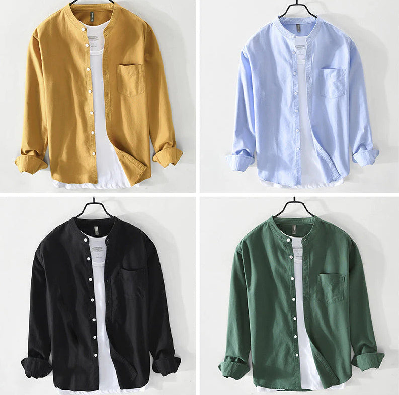 Fashion Stand-Up Collar Solid Color Simple Youth Long-Sleeved Cotton Shirt - clickit2shipit