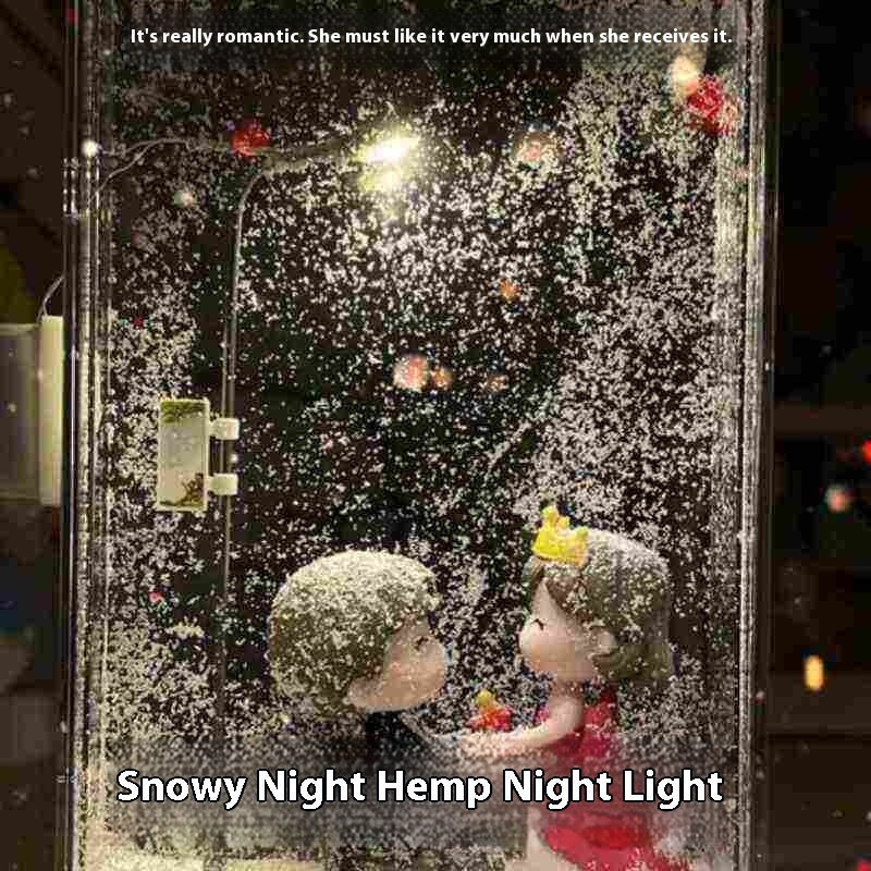 Handmade snowy landscape night lights featuring a romantic snowy night hemp night light with couple figurines.