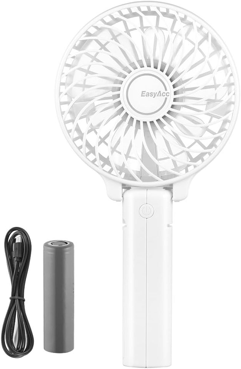 Rechargeable Handheld Fan – Foldable, with Straps & Stickers, 10H Battery Life (White)