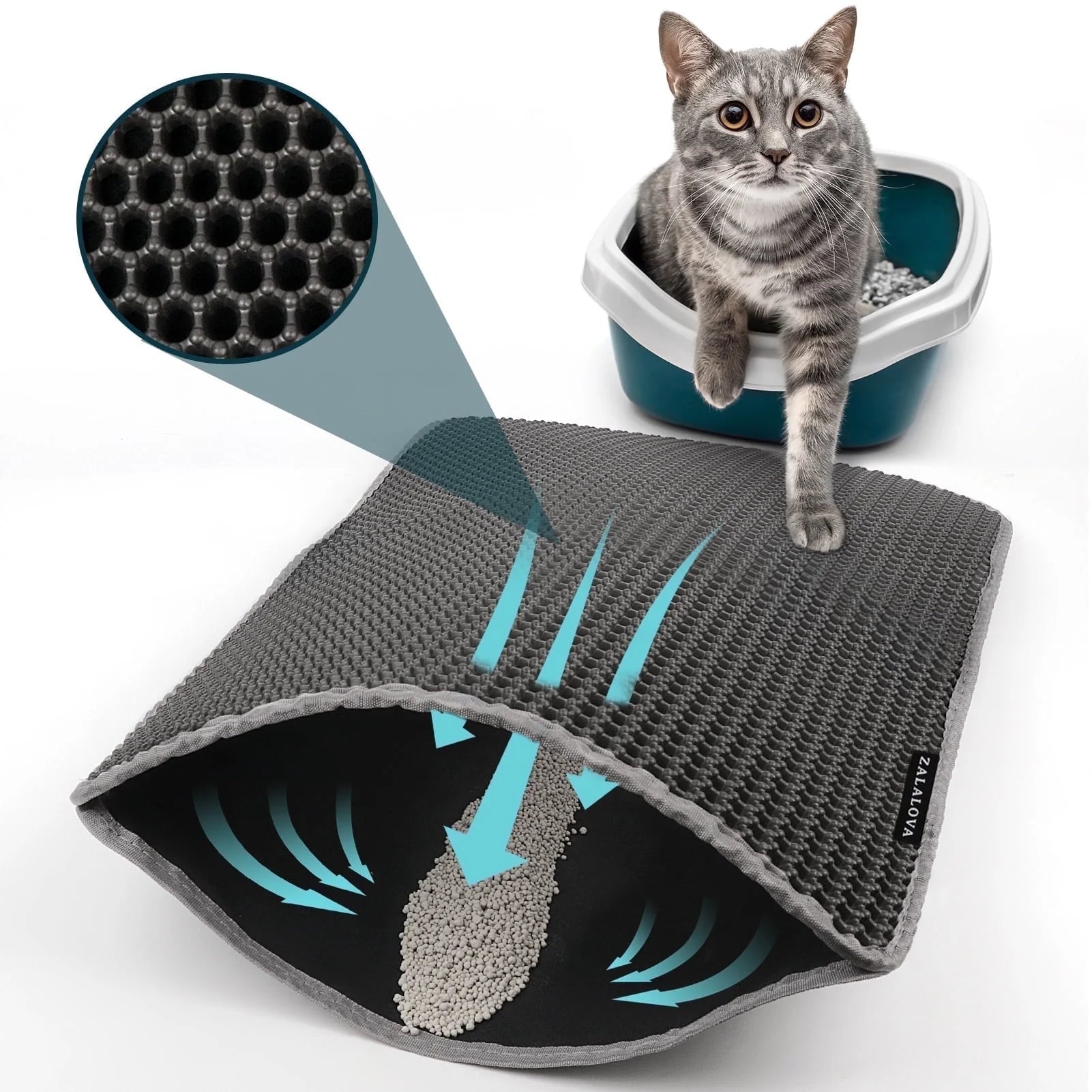 Cat Litter Mat – 24x15'' Waterproof, Non-Slip Honeycomb Design, Soft on Paws (Black)