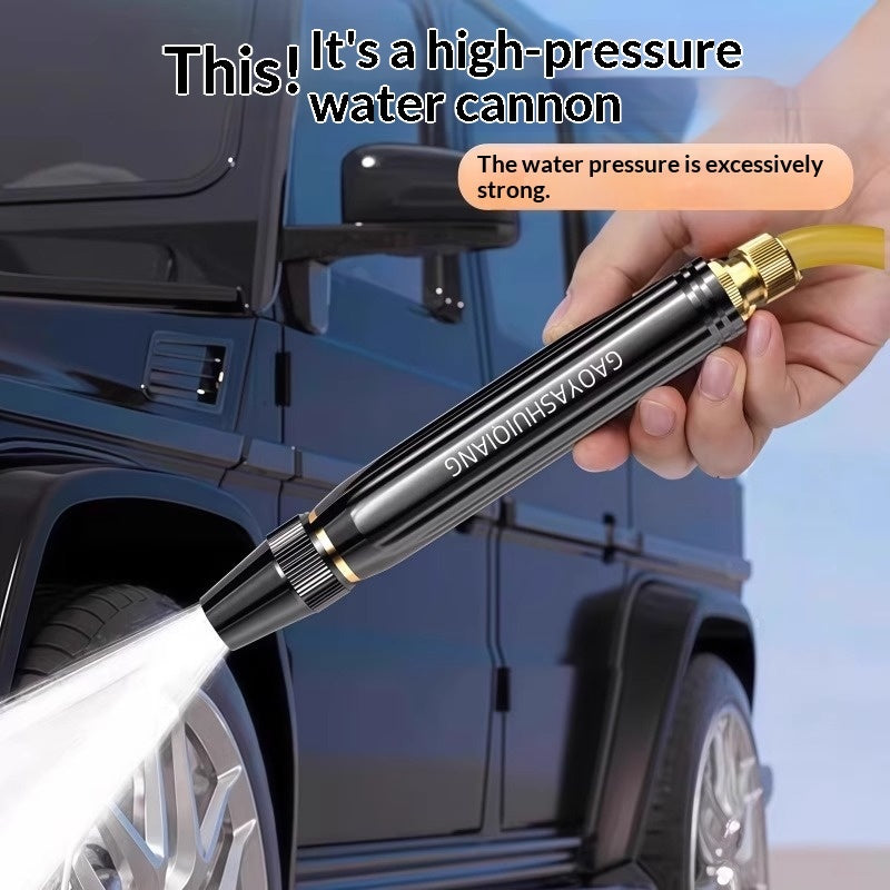 Garden Watering Hose with high-pressure spray nozzle in action, ideal for cleaning cars and outdoor tasks.