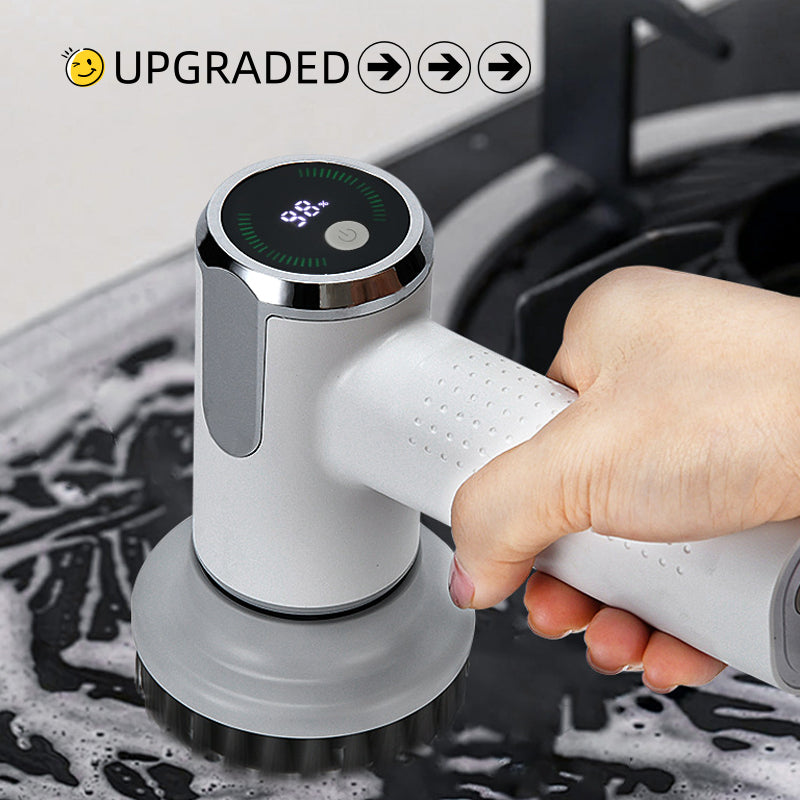 User operates a multifunctional electric cleaning brush for efficient cleaning on a stovetop.