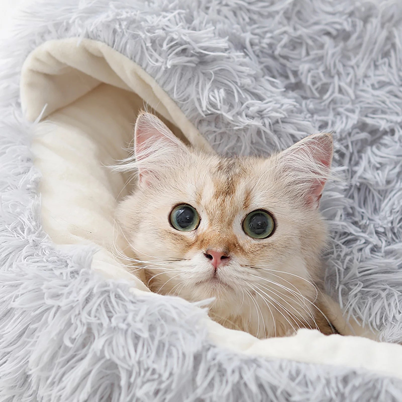 Calming Pet Bed with Hood – Fluffy Faux Fur Cave for Small Dogs & Cats, Washable, Anti-Slip (Fits up to 11 lbs)