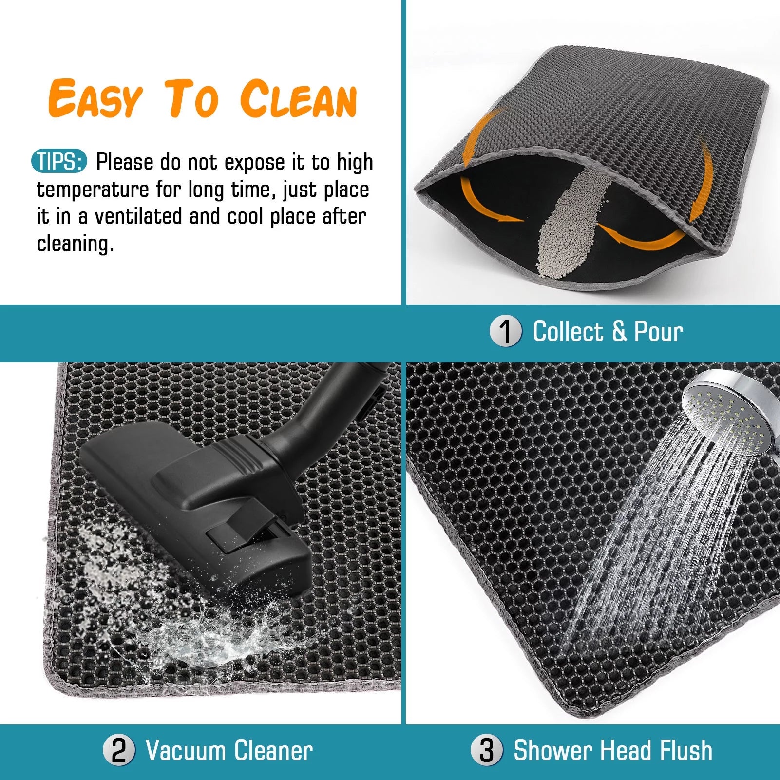 Cat Litter Mat – 24x15'' Waterproof, Non-Slip Honeycomb Design, Soft on Paws (Black)