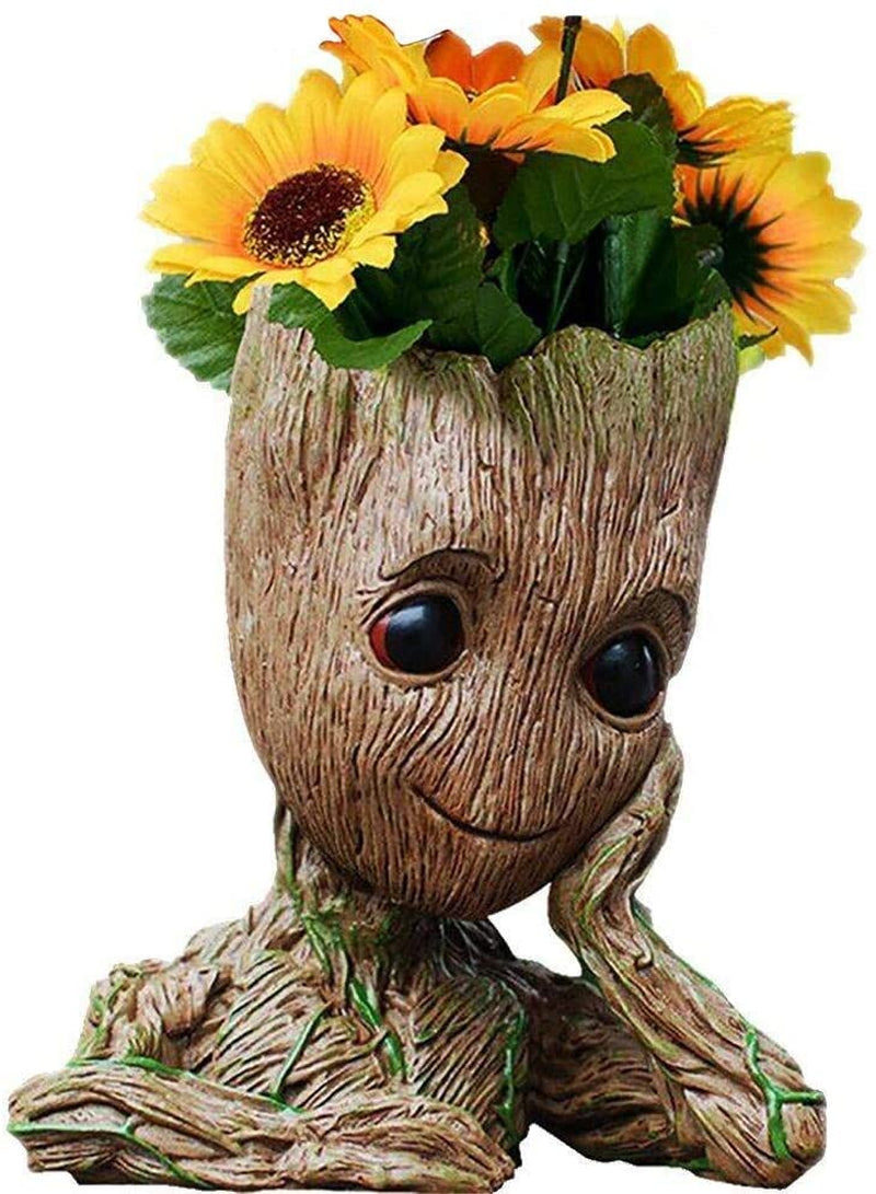 Baby Groot Pen Holder – 6'' Tree Man Pot with Drainage for Succulents or Desk Use (Grayish Brown)