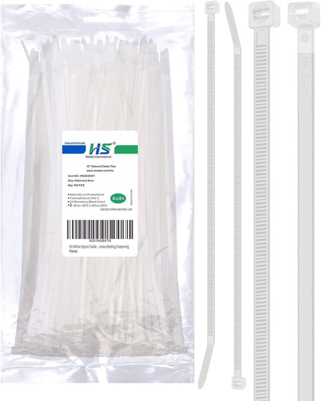 12-Inch Heavy Duty Zip Ties – 50 lbs Strength, Weather-Resistant Nylon (100 Pcs, White)
