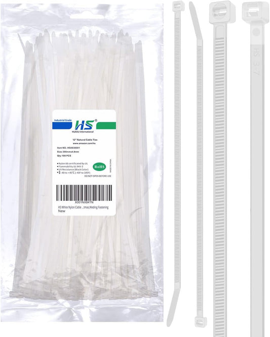 12-Inch Heavy Duty Zip Ties – 50 lbs Strength, Weather-Resistant Nylon (100 Pcs, White)