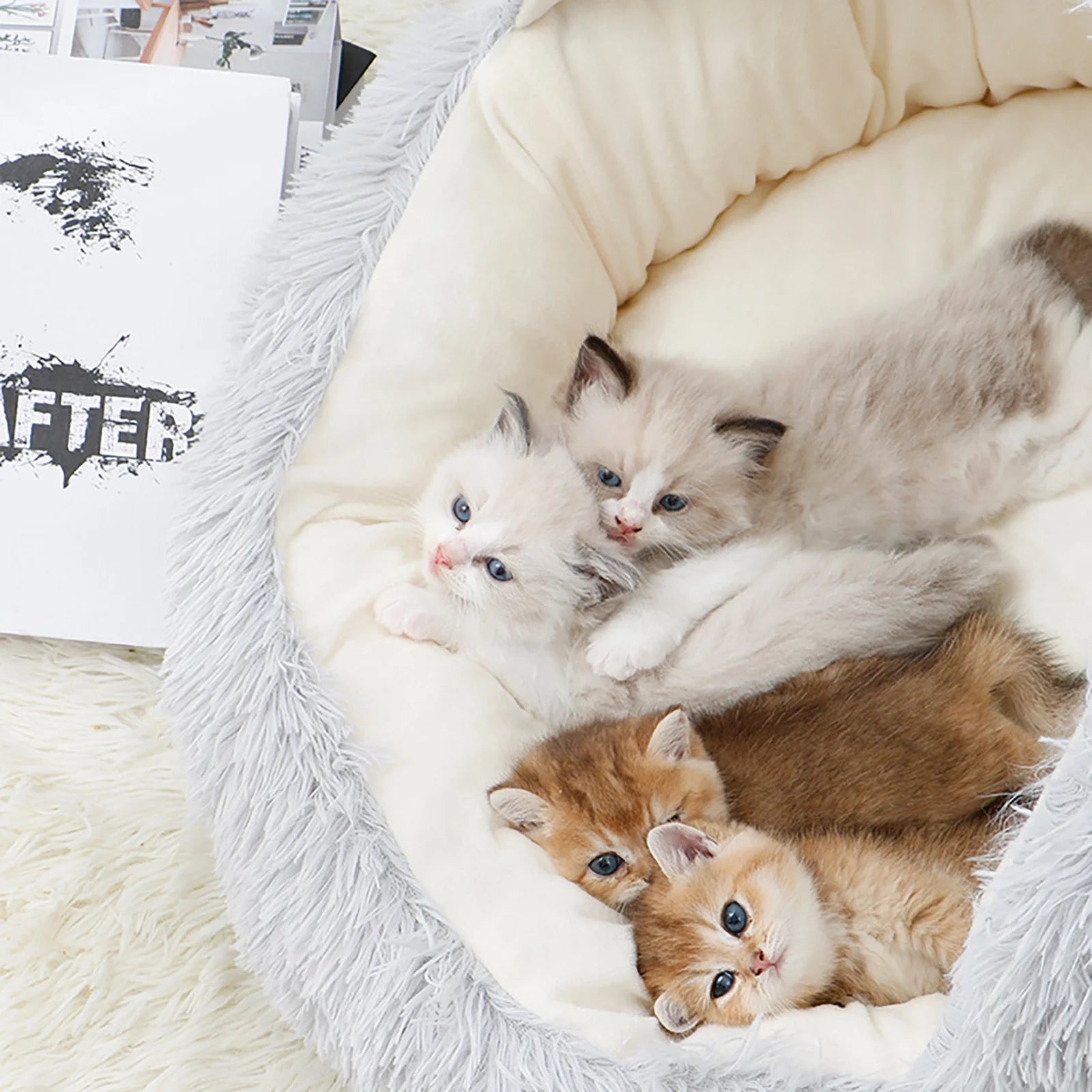 Calming Pet Bed with Hood – Fluffy Faux Fur Cave for Small Dogs & Cats, Washable, Anti-Slip (Fits up to 11 lbs)