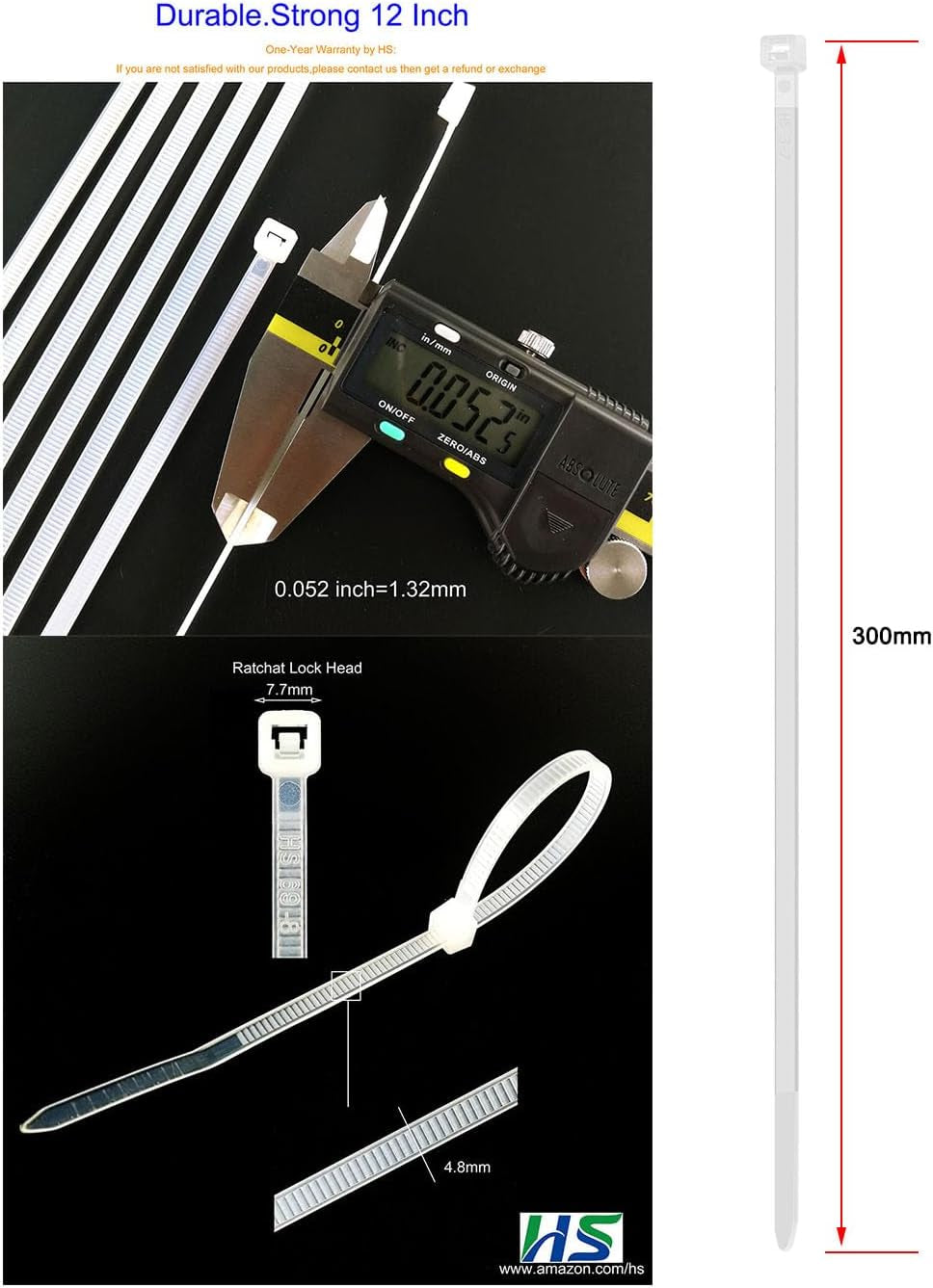 12-Inch Heavy Duty Zip Ties – 50 lbs Strength, Weather-Resistant Nylon (100 Pcs, White)