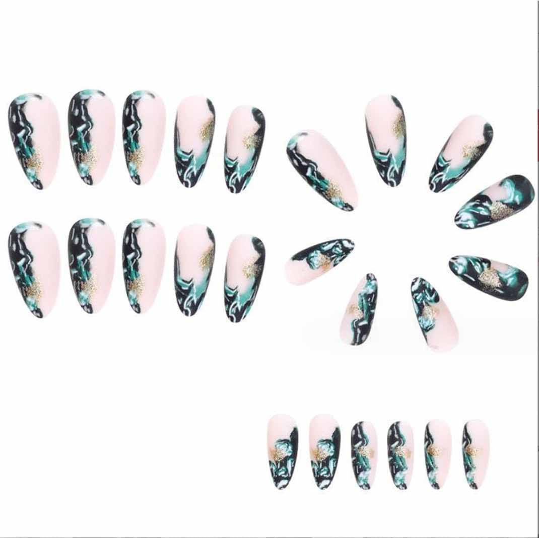Almond Press-On Nails – Nude & Black Glossy, Medium Length, Full Cover (24 Pcs)