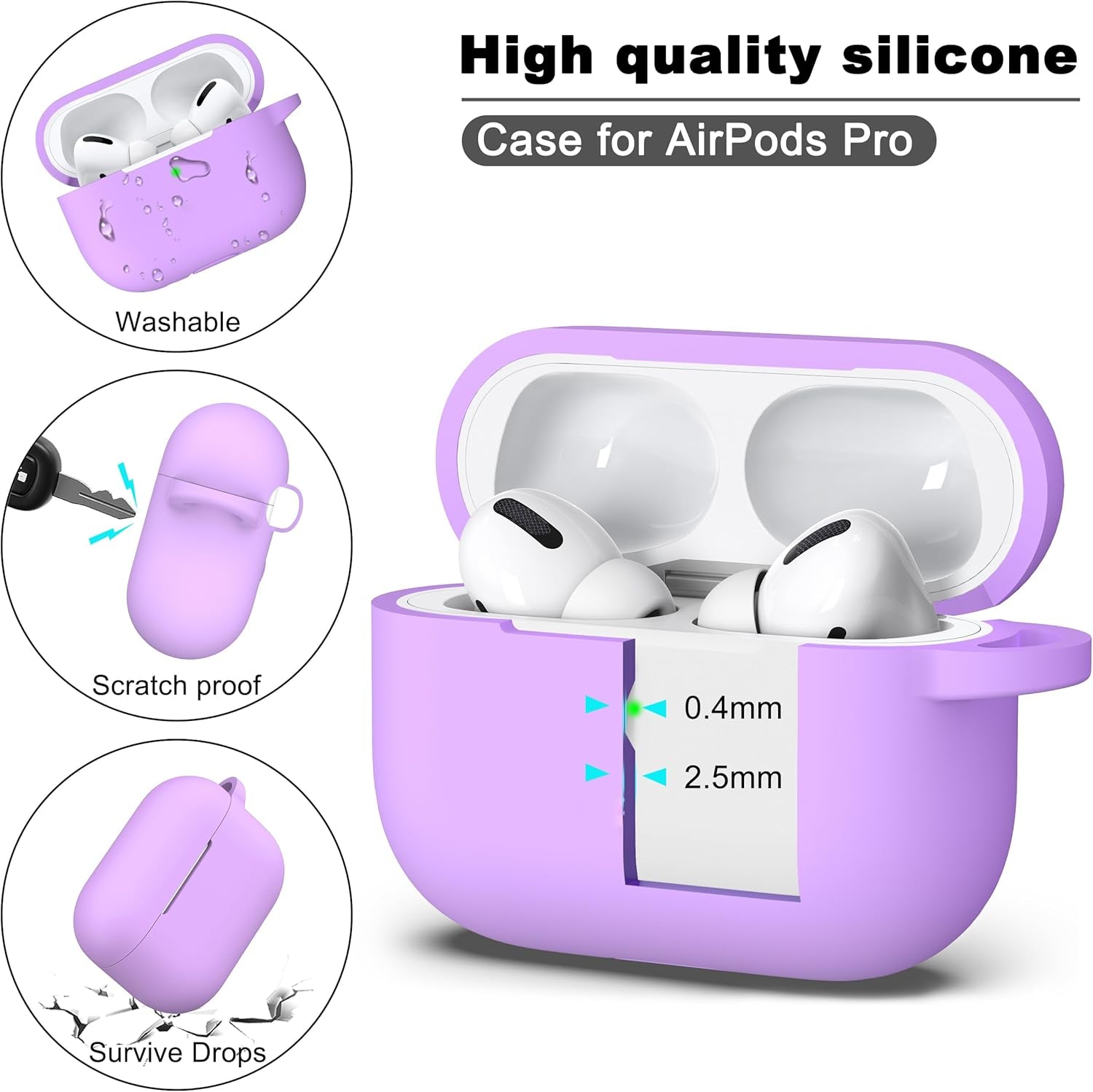 AirPods Pro 2/1 Case – Soft Silicone Cover with Cleaner Kit & Keychain (Lavender)