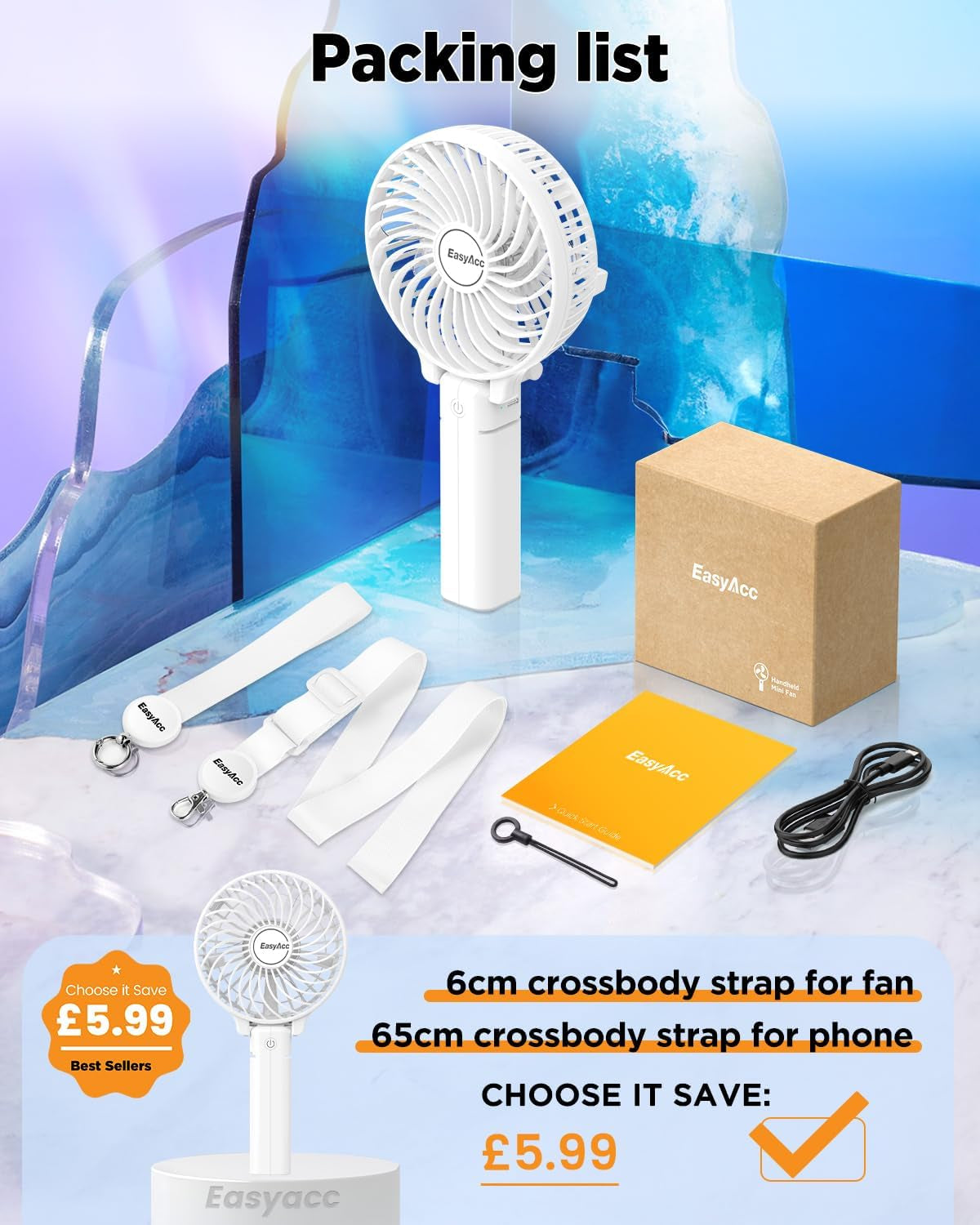 Rechargeable Handheld Fan – Foldable, with Straps & Stickers, 10H Battery Life (White)