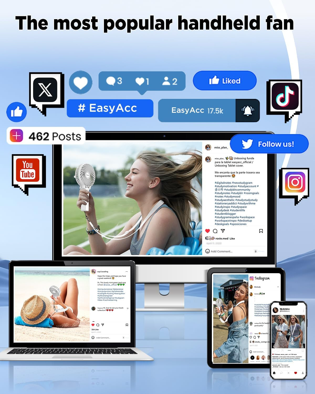 Rechargeable Handheld Fan – Foldable, with Straps & Stickers, 10H Battery Life (White)