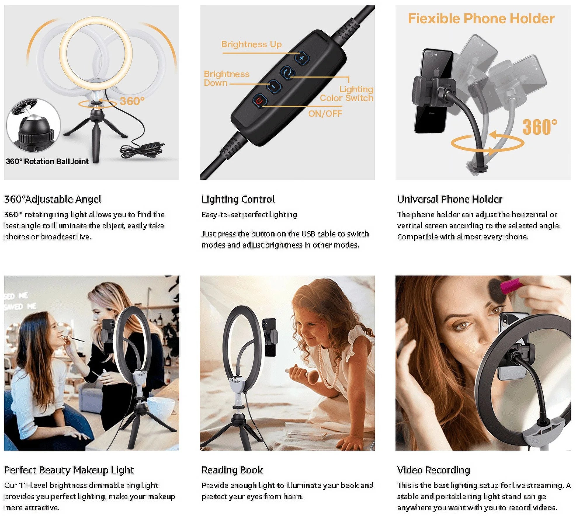 10'' LED Selfie Ring Light – Tripod Stand & Phone Holder, 3 Modes, 11 Brightness Levels