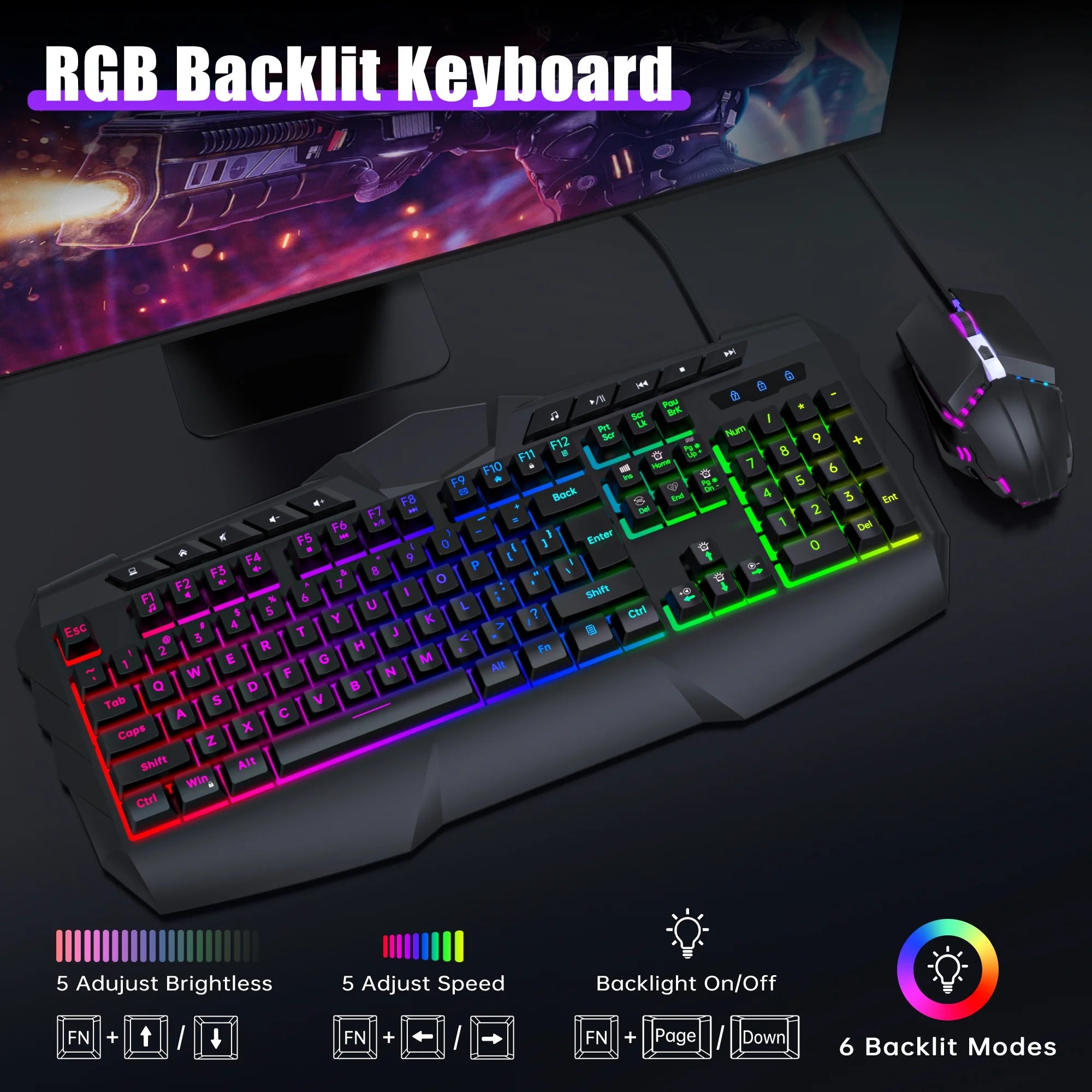 Gaming Keyboard and Mouse Combo – RGB Backlit, 114-Key Anti-Ghosting Keyboard & 7-Color Mouse