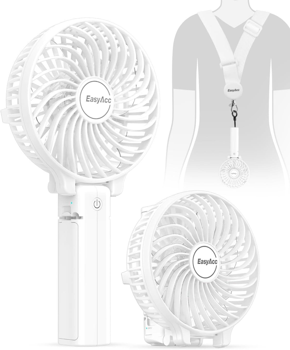 Rechargeable Handheld Fan – Foldable, with Straps & Stickers, 10H Battery Life (White)