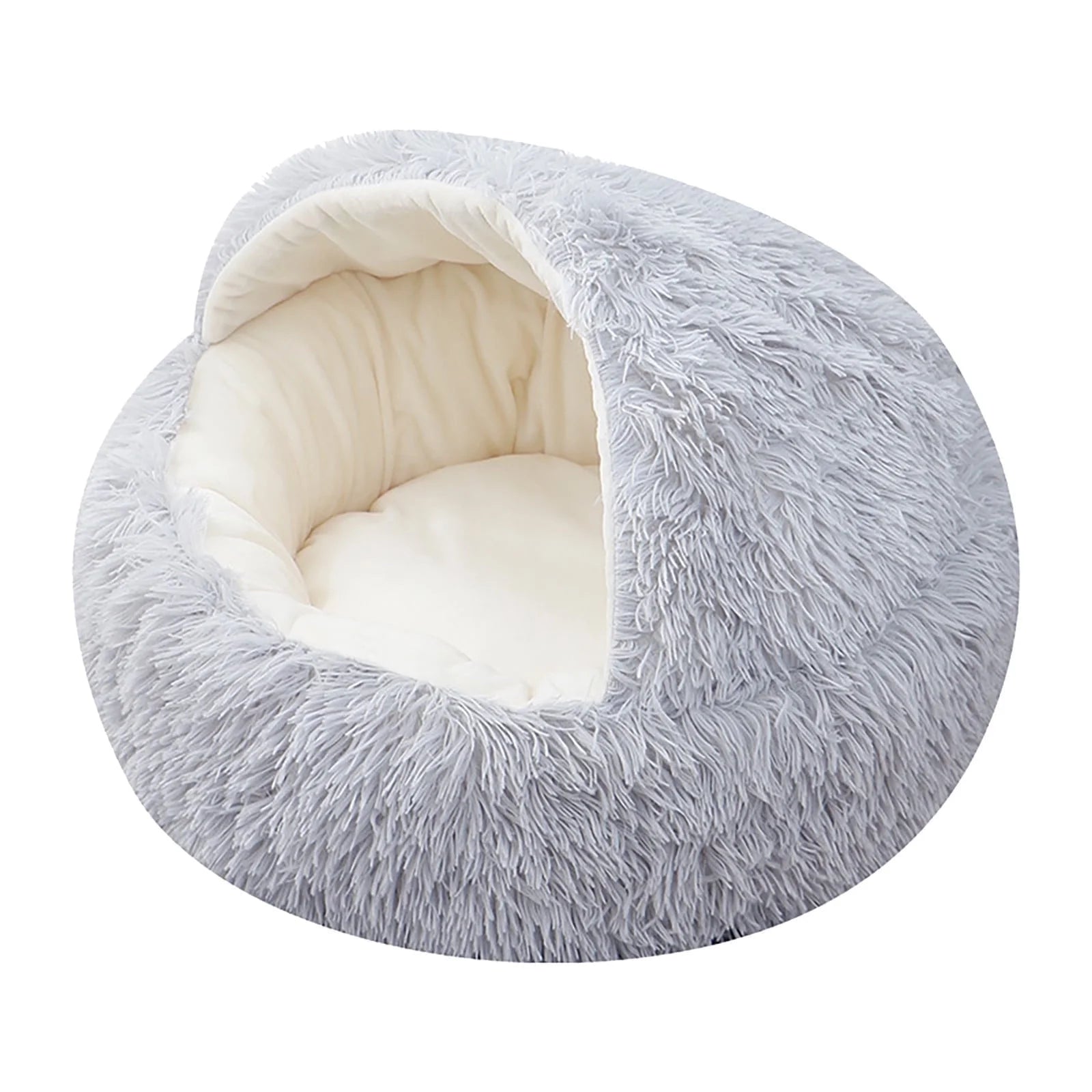Calming Pet Bed with Hood – Fluffy Faux Fur Cave for Small Dogs & Cats, Washable, Anti-Slip (Fits up to 11 lbs)