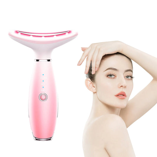 Skin Rejuvenation Beauty Device for Face & Neck – Triple Action LED, Heat & Vibration Technology for Lifting and Tightening Sagging Skin (Pink)