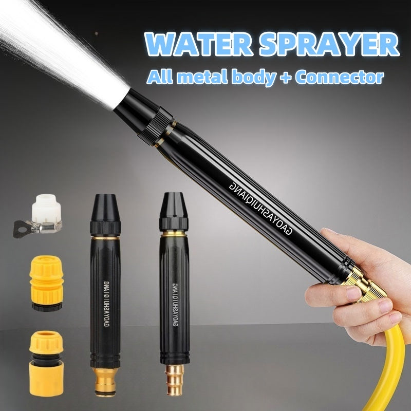 Garden Watering Hose with adjustable high pressure spray nozzle and all metal body connector for convenient outdoor tasks.