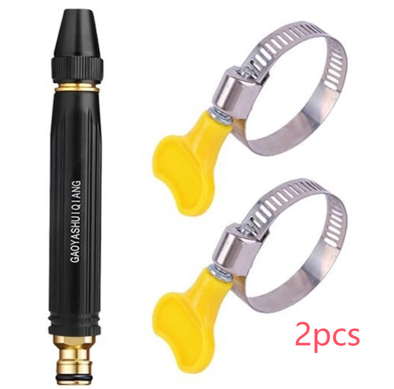 Garden Watering Hose adjustable spray nozzle and two hose clamps for efficient outdoor watering.