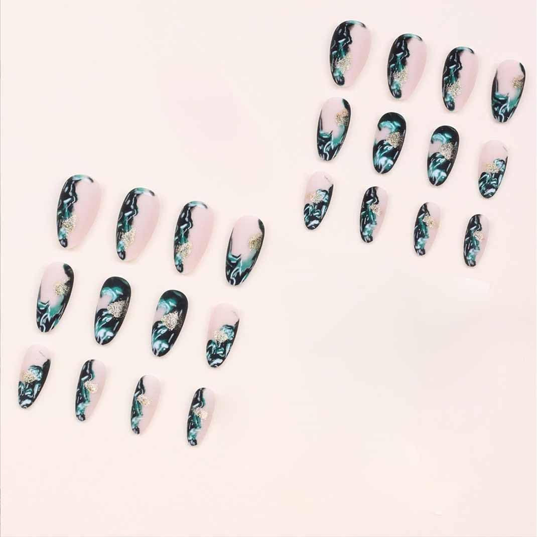 Almond Press-On Nails – Nude & Black Glossy, Medium Length, Full Cover (24 Pcs)