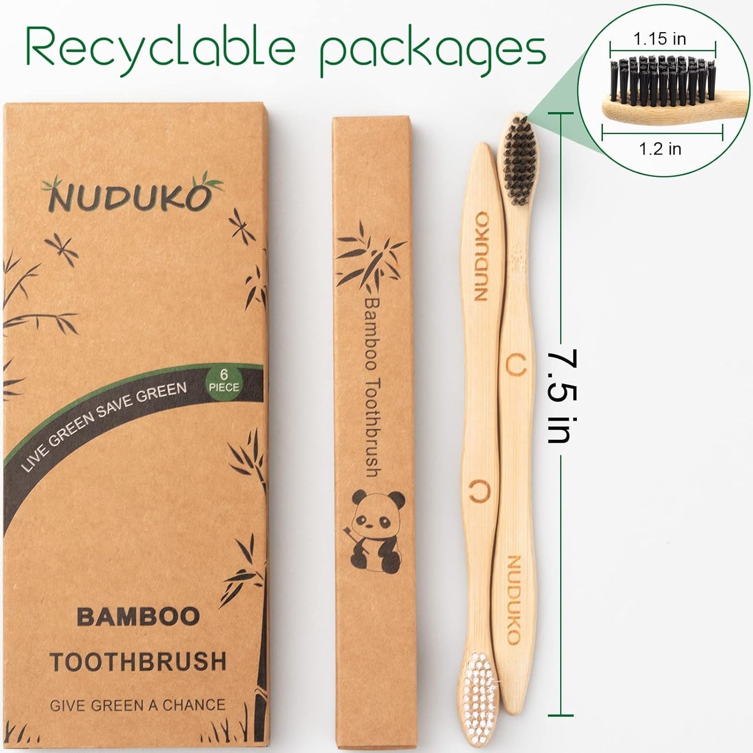 6 Pcs Bamboo Toothbrushes, Soft BPA Free Bristles, Biodegradable, Eco-Friendly, Compostable