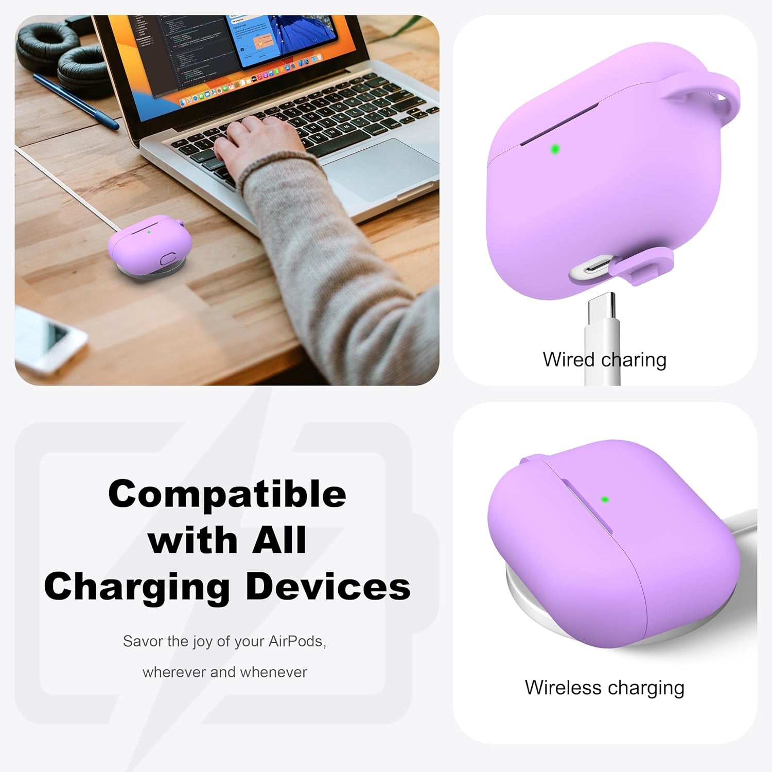 AirPods Pro 2/1 Case – Soft Silicone Cover with Cleaner Kit & Keychain (Lavender)