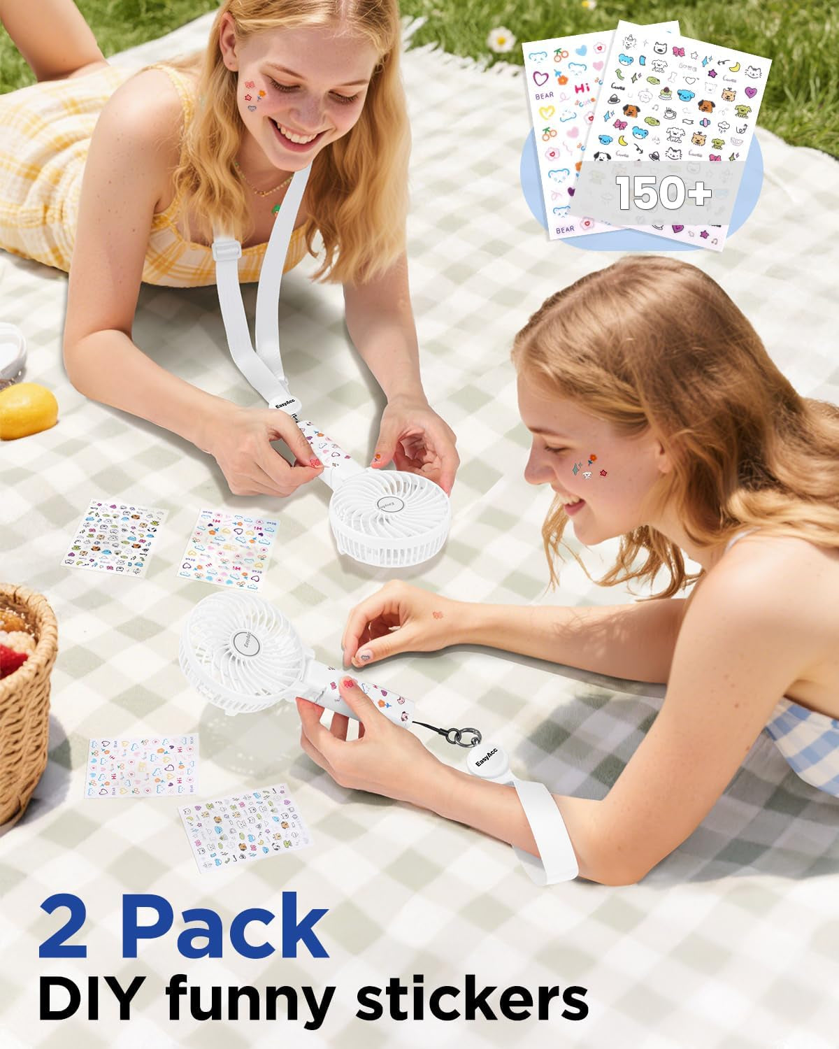 Rechargeable Handheld Fan – Foldable, with Straps & Stickers, 10H Battery Life (White)