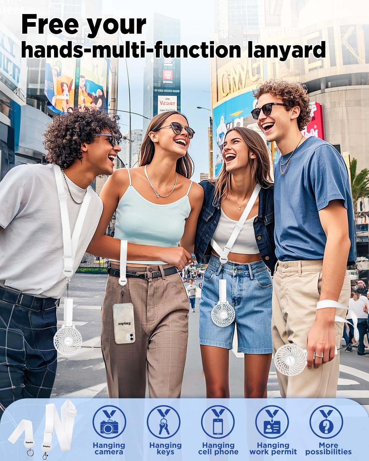 Rechargeable Handheld Fan – Foldable, with Straps & Stickers, 10H Battery Life (White)