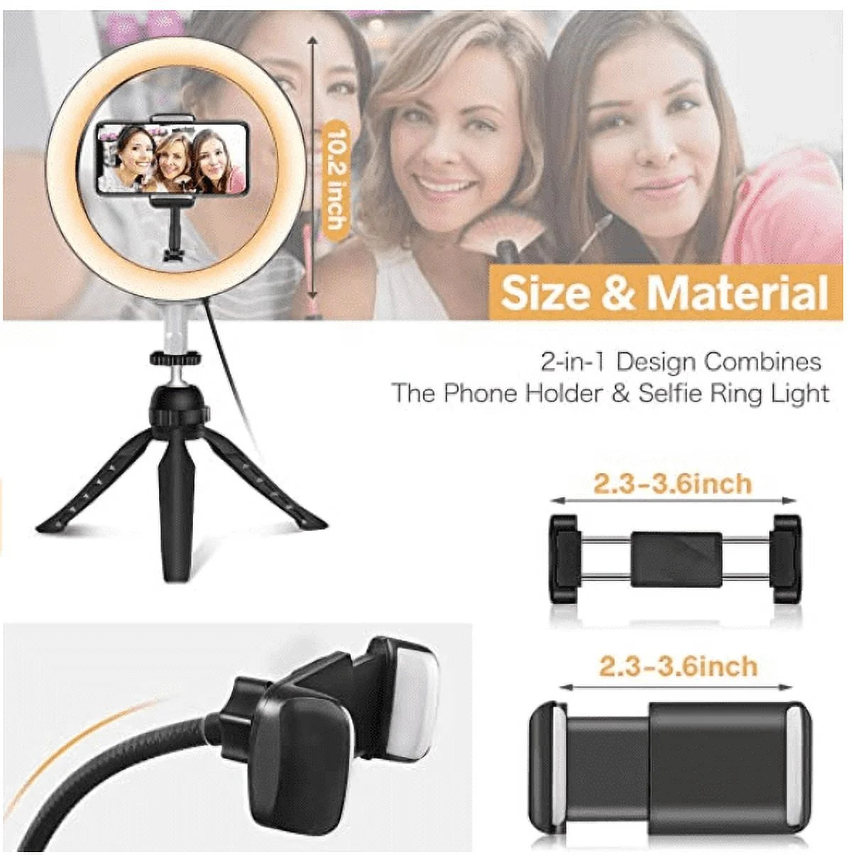 10'' LED Selfie Ring Light – Tripod Stand & Phone Holder, 3 Modes, 11 Brightness Levels