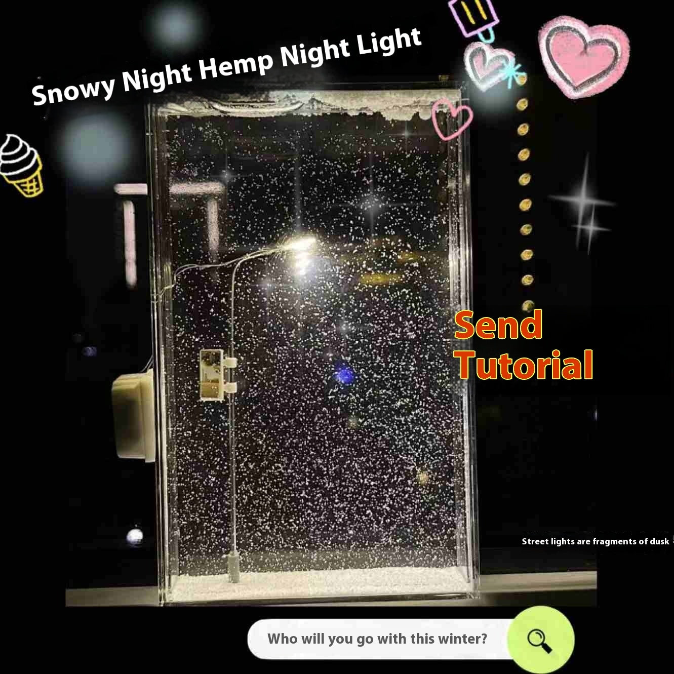 Handmade snowy landscape night lights in a snowy night hemp night light design with a small street light.