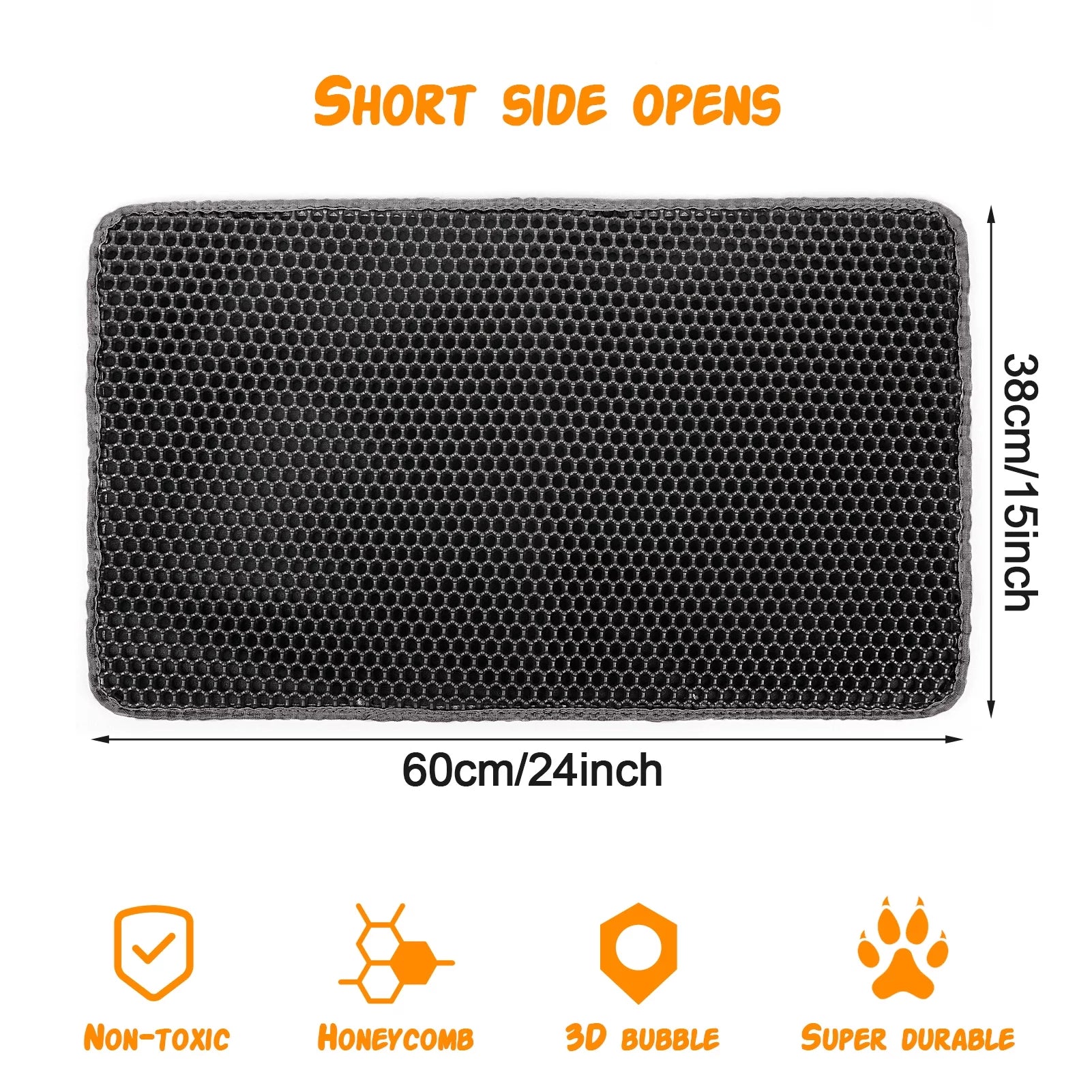 Cat Litter Mat – 24x15'' Waterproof, Non-Slip Honeycomb Design, Soft on Paws (Black)