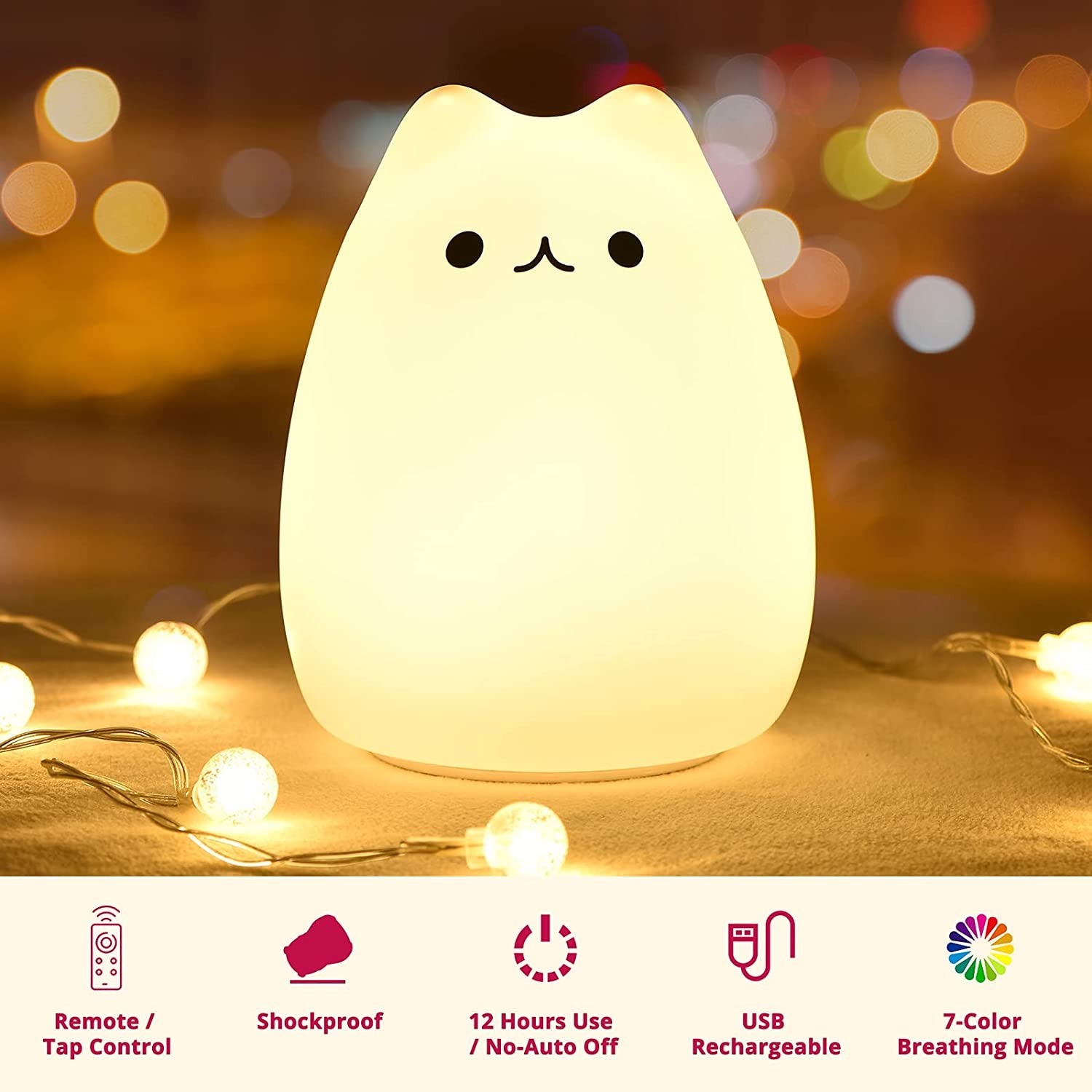 Cat Night Light – Kawaii Nursery Lamp with Remote, Gift for Kids & Teens
