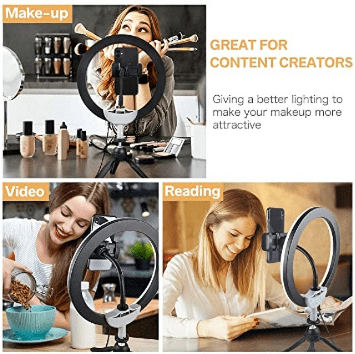 10'' LED Selfie Ring Light – Tripod Stand & Phone Holder, 3 Modes, 11 Brightness Levels